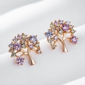 Rose Gold Plated Colorful Lucky Tree Stud Earrings